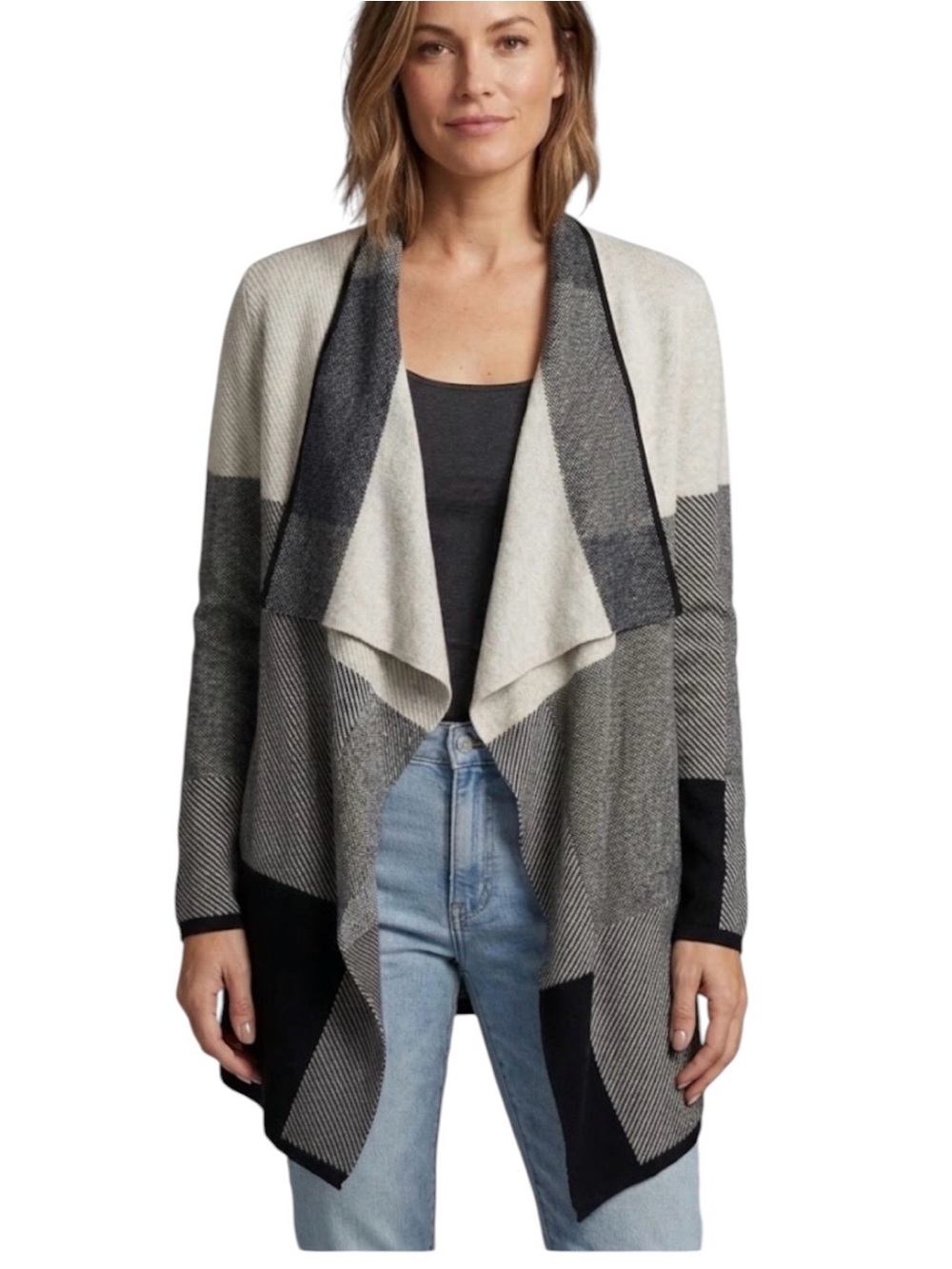 Retro Chaus Plaid Colorblock Cardigan Sweater Open Front Waterfall M Gray Black